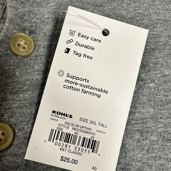 NWT Croft & Barrow Men’s Tall Gray 3 Button Short Sleeve Henley Shirt - Size 3X - Picture 4 of 5